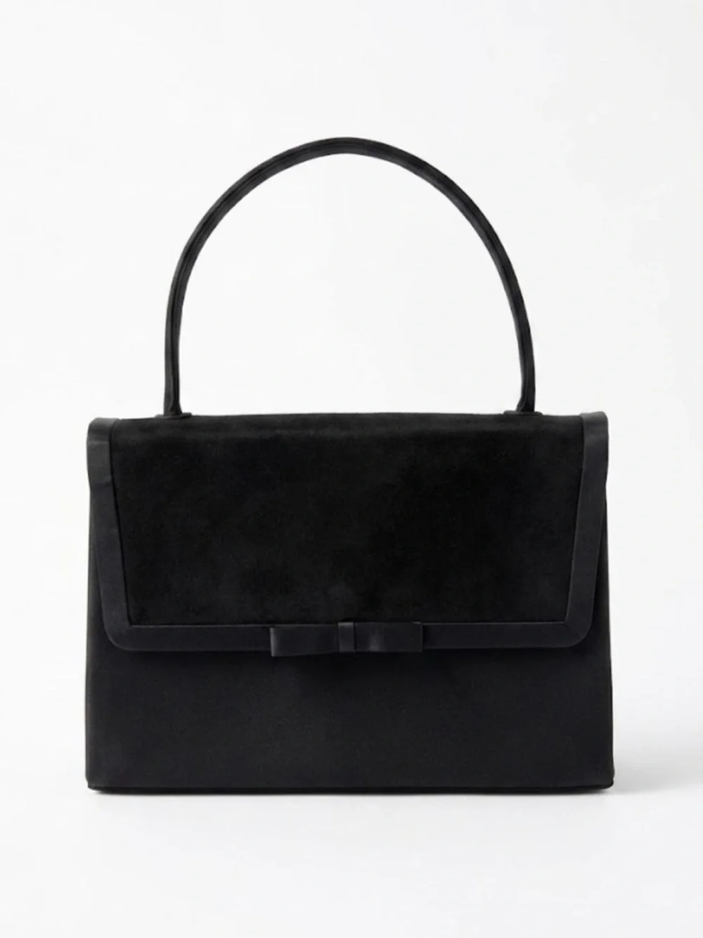 Vintage Inspired Black Satin & Suede Evening Bag Bow Accent Top Handle